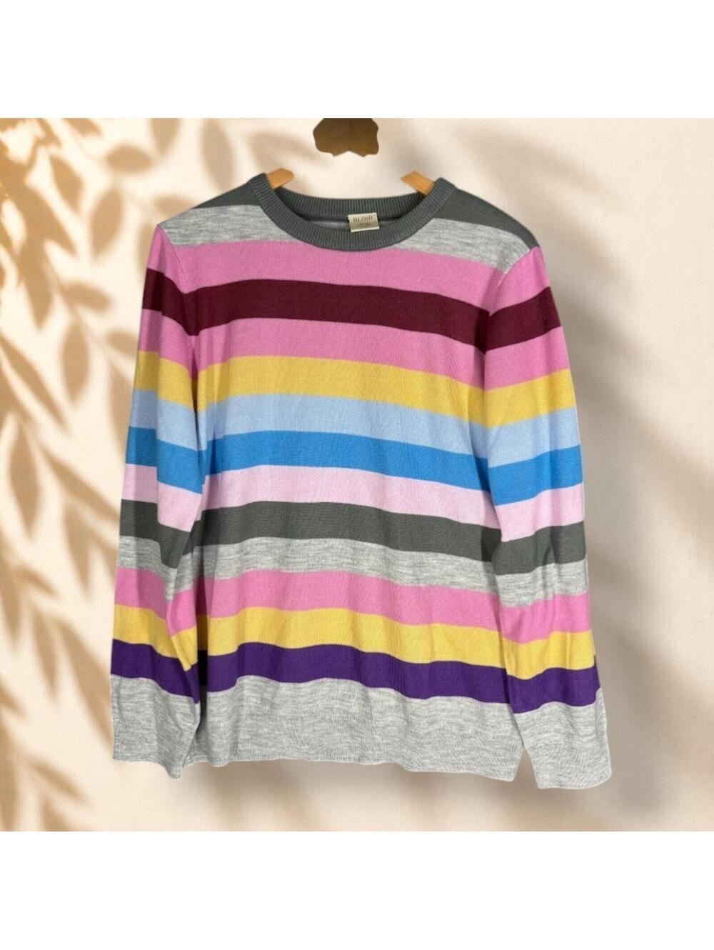 Blair Sweater Pullover Women L Large Gray Striped Knit Long Sleeve Soft Acrylic